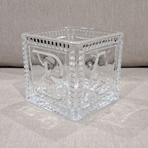 Vintage Teleflora Lead Crystal Block Cube Baby Planter Storage Spells "BABY"  4"